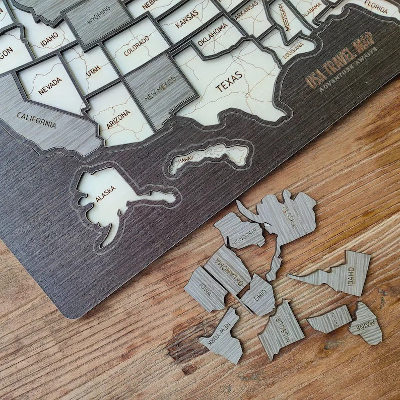 Personalized USA States Puzzle Map(Black Oak)