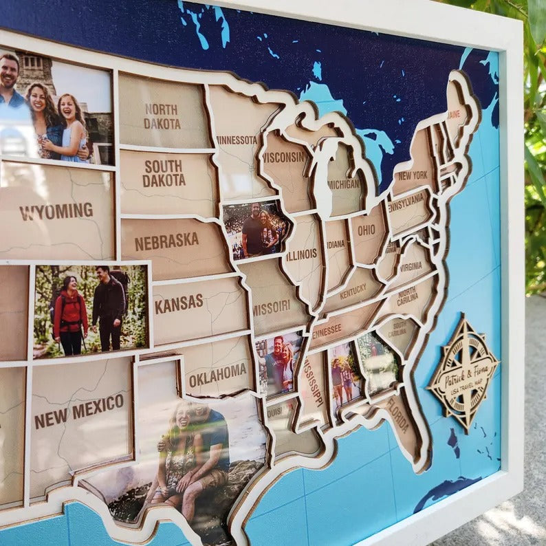 Personalized USA Photo Travel Map - Dark Blue