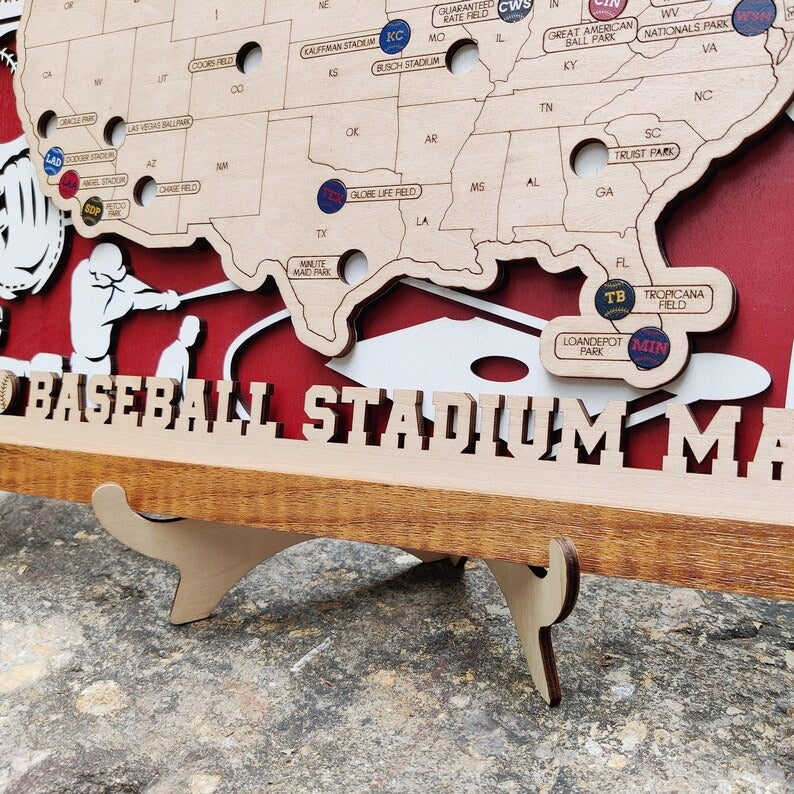 Custom Team Color Wooden MLB Stadium Map with Team Pins