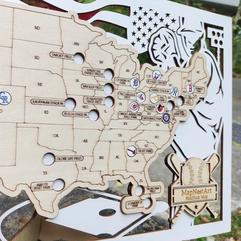 3D Cutout Wooden MLB Stadium Map with Engraved Nameplate & Team Logo Pins