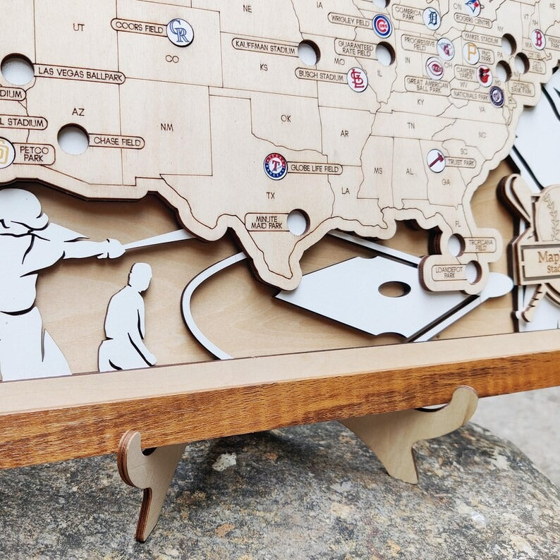 Personalized Wooden MLB Stadium Map with Engraved Nameplate & Team Logo Pins