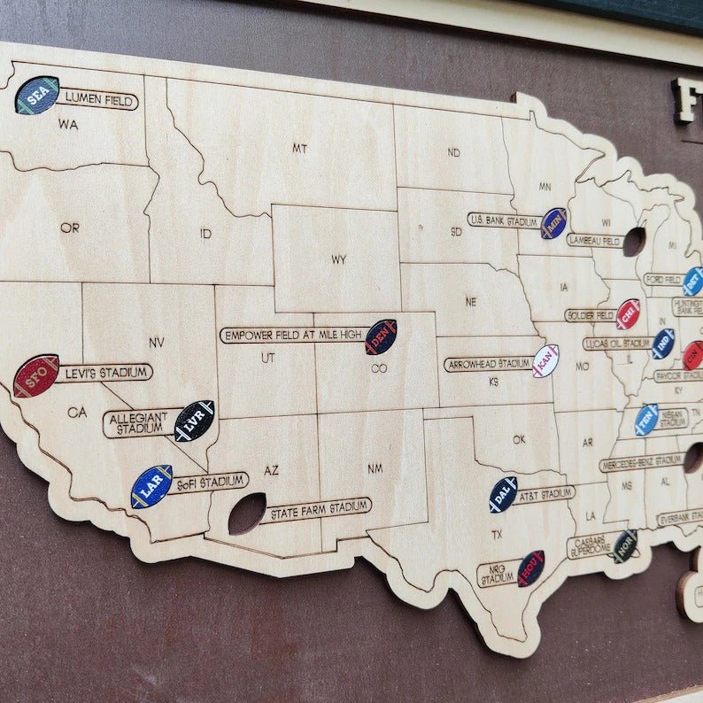 Personalized Brown Wooden NFL Stadium Map with Team Name Pins - Mappae Pilot