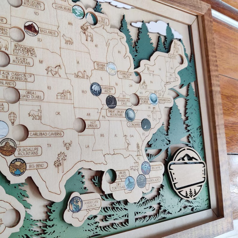 National Park Travel Map - 63 Parks Push Pin Map(Forest）