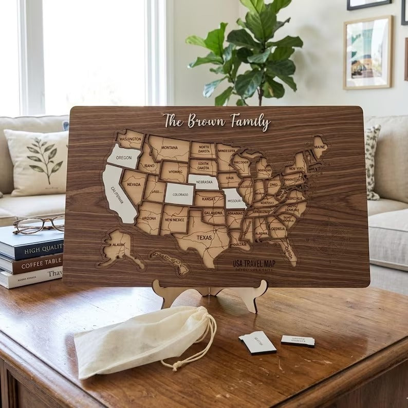 Personalized USA States Puzzle Map(Walnut)
