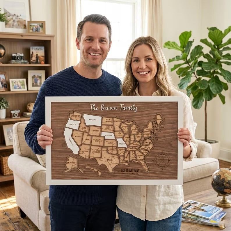 Personalized USA States Puzzle Map(Dark Walnut)