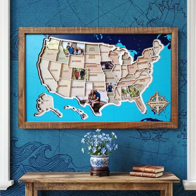 Personalized USA Photo Travel Map - Dark Blue
