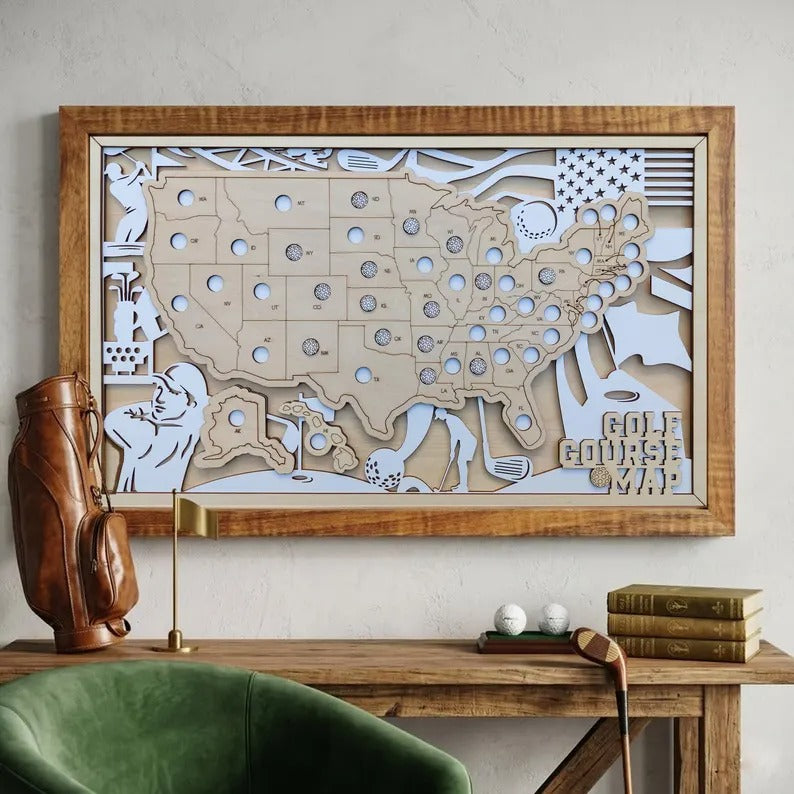 Personalized Golf Course Tracker Map – Natural Wood Background