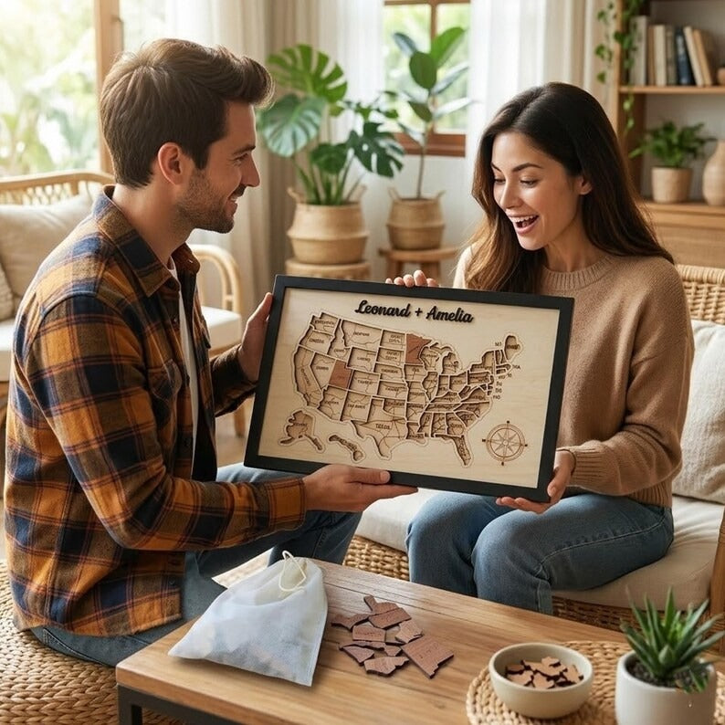 Personalized USA States Puzzle Map(Natural Wood)