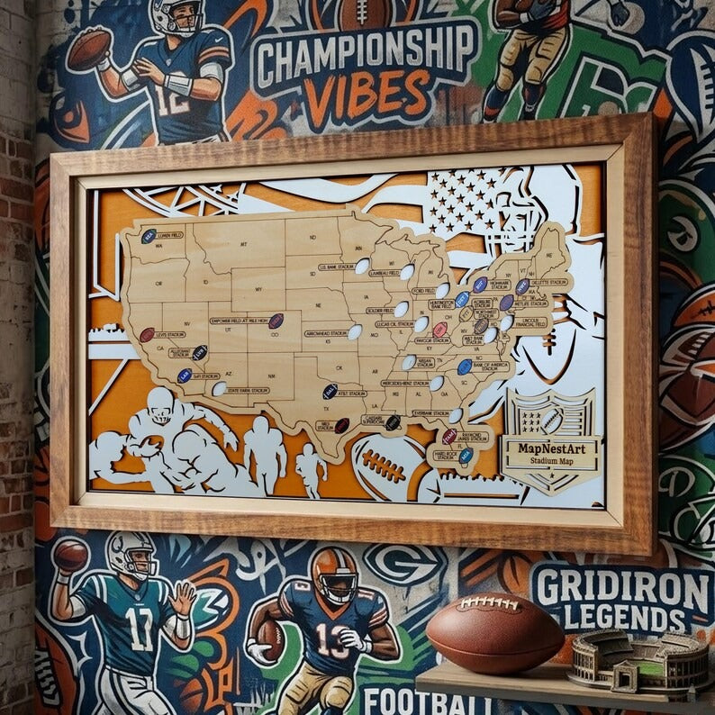 Football Stadium Map Gift for Dad | Personalized Wooden NFL Travel Tracker