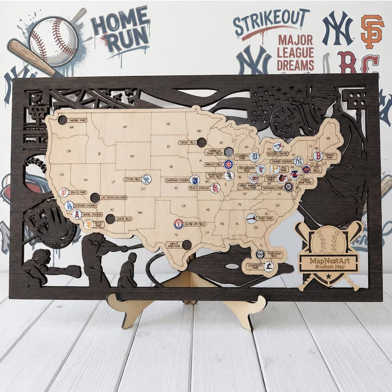 3D Cutout Wooden MLB Stadium Map with Engraved Nameplate & Team Logo Pins