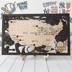 3D Cutout Wooden MLB Stadium Map with Engraved Nameplate & Team Logo Pins