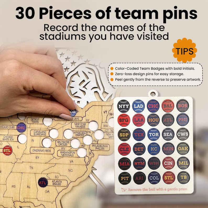 Personalized MLB Stadium Tracker Map with Team Pins