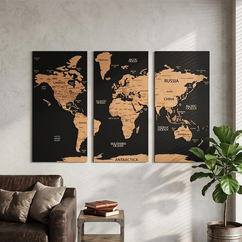 3D Wooden Triptych World Map - 3-Panel Push Pin Travel Wall Art
