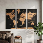 3D Wooden Triptych World Map - 3-Panel Push Pin Travel Wall Art