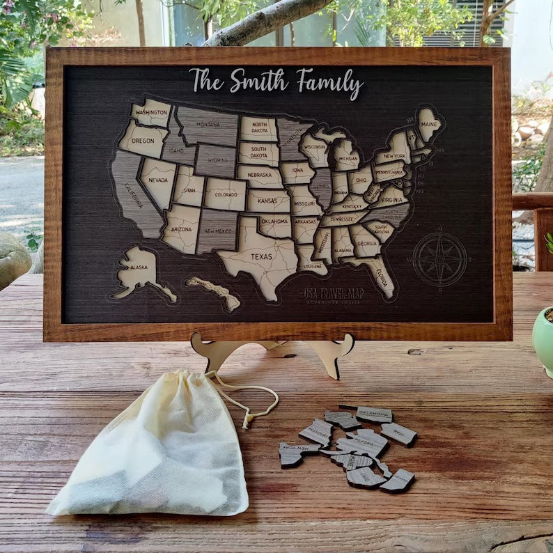 Personalized USA States Puzzle Map(Black Oak)
