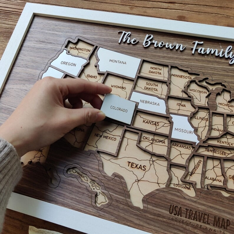 Personalized USA States Puzzle Map(Dark Walnut)