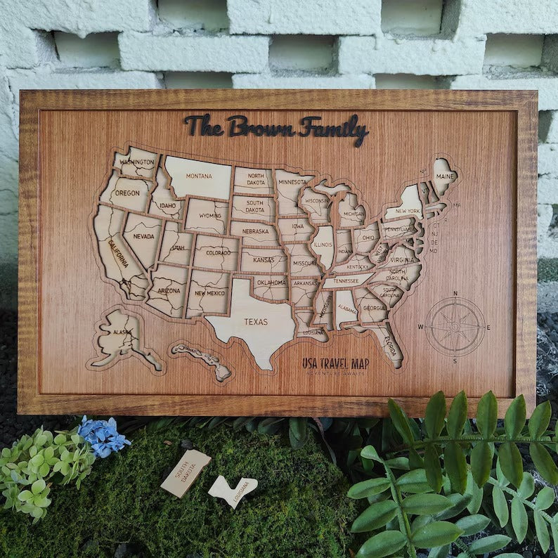 Personalized USA States Puzzle Map(Walnut)