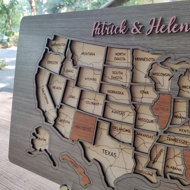 Personalized USA States Puzzle Map(Gery Oak)