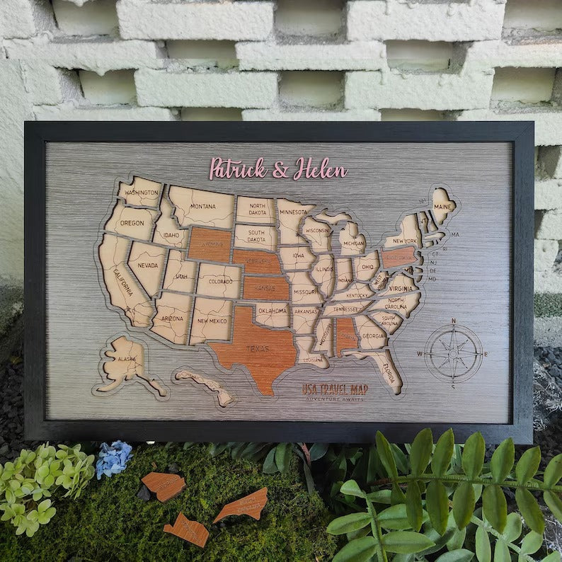 Personalized USA States Puzzle Map(Gery Oak)