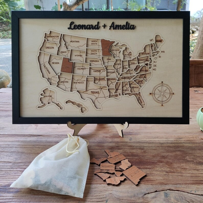 Personalized USA States Puzzle Map(Natural Wood)