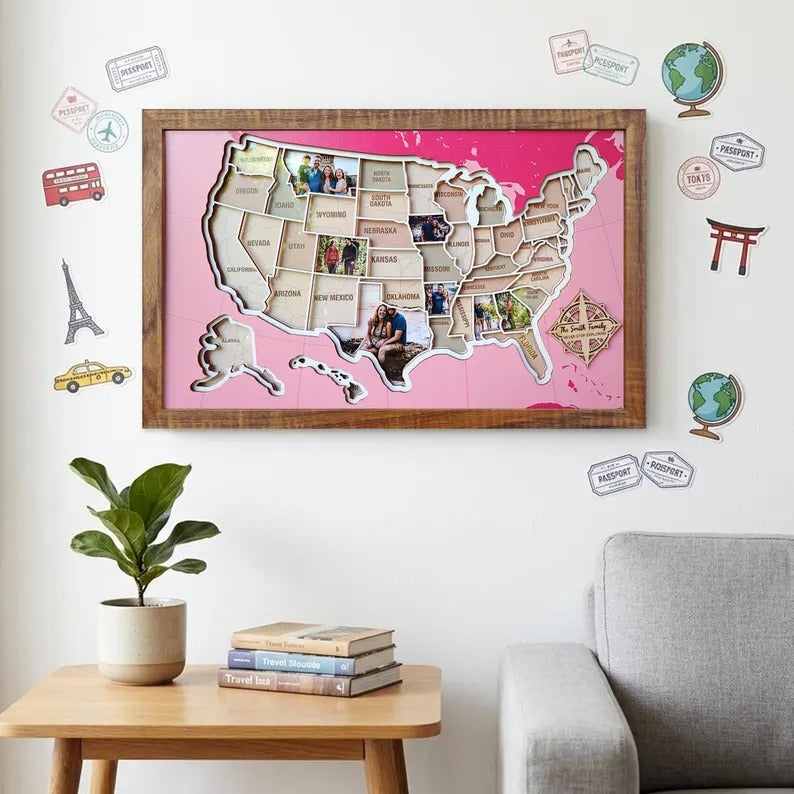 Personalized USA Photo Travel Map - Pink