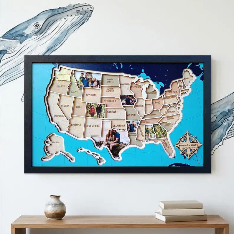 Personalized USA Photo Travel Map - Dark Blue