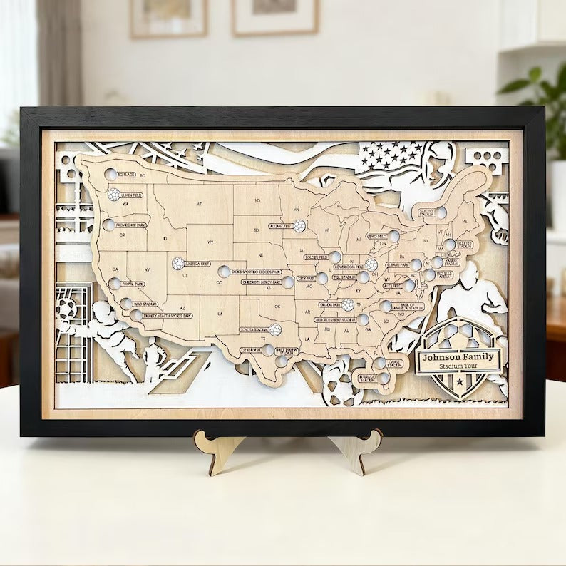 Personalized Soccer Stadium Tracker Map with Nameplate – Natural Wood Background