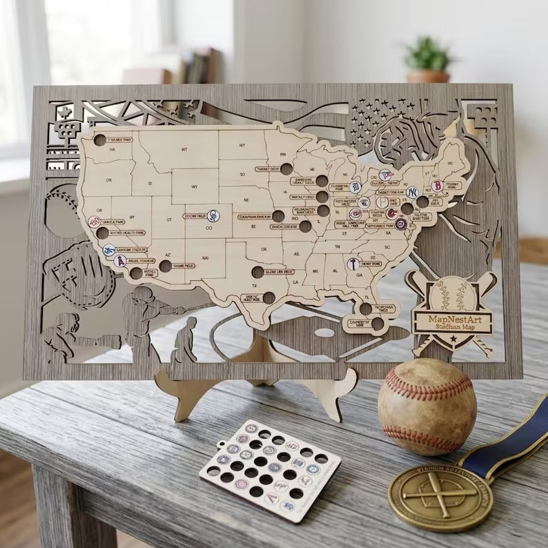 3D Cutout Wooden MLB Stadium Map with Engraved Nameplate & Team Logo Pins