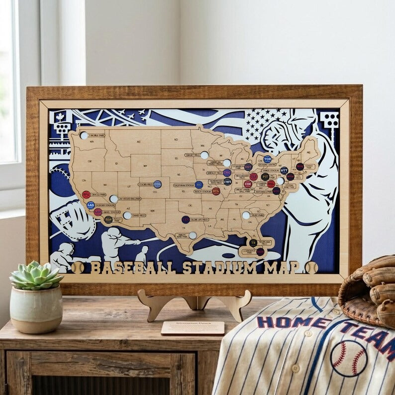 Custom Team Color Wooden MLB Stadium Map with Team Pins