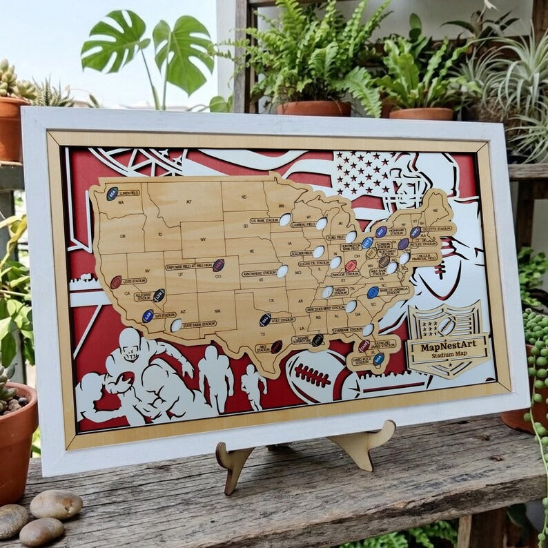 Football Stadium Map Gift for Dad | Personalized Wooden NFL Travel Tracker