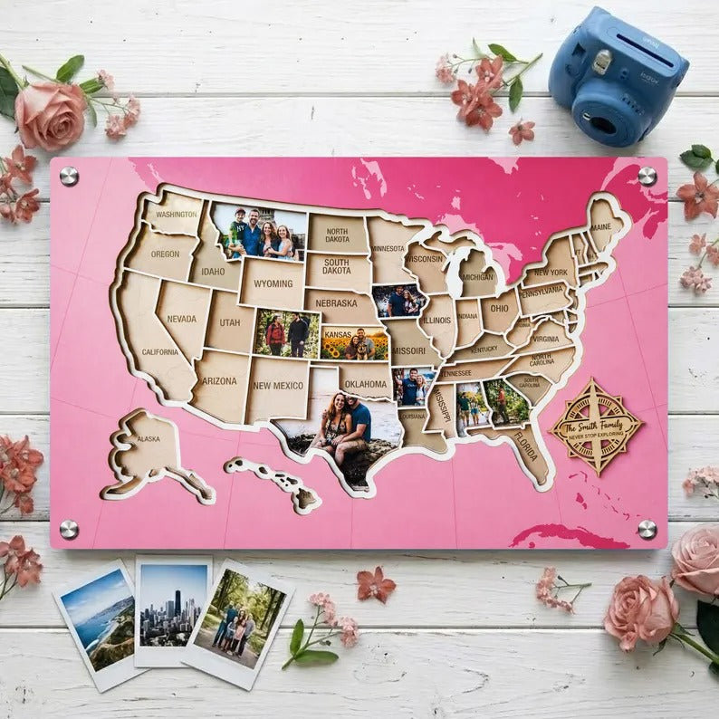 Personalized USA Photo Travel Map - Pink
