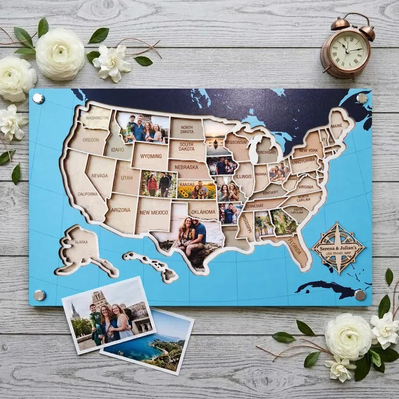 Personalized USA Photo Travel Map - Dark Blue