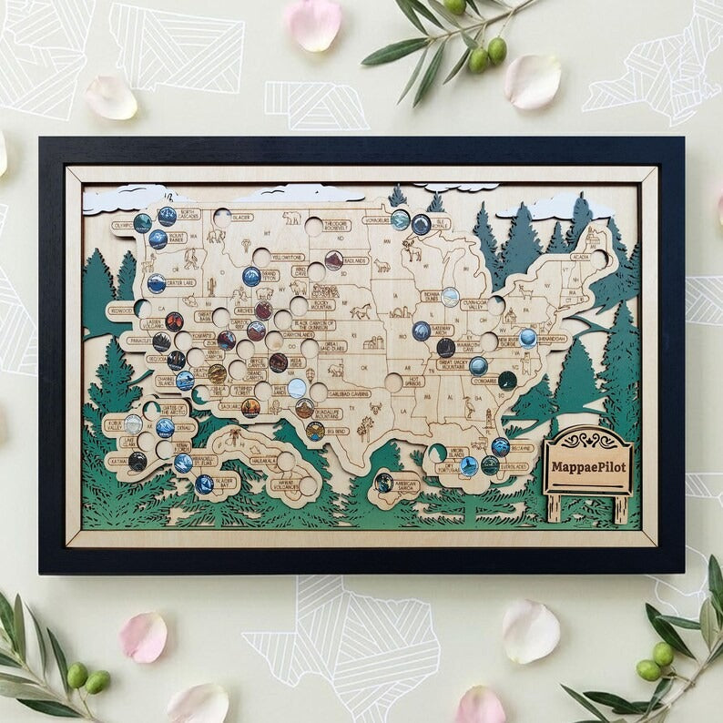 National Park Travel Map - 63 Parks Push Pin Map(Forest）