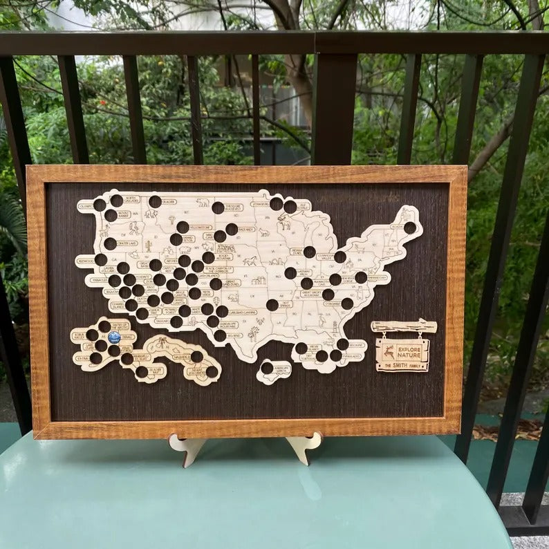 Wooden US National Parks Map - Custom Camping Tracker Wall Art