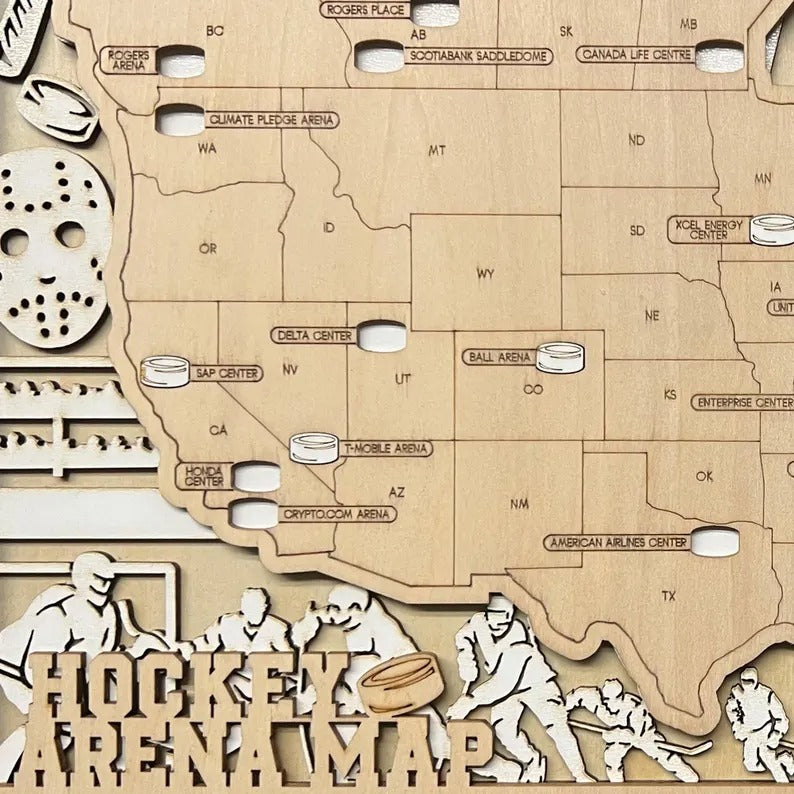 Personalized Hockey Arena Tracker Map – Natural Wood Background