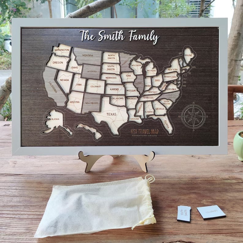 Personalized USA States Puzzle Map(Black Oak)