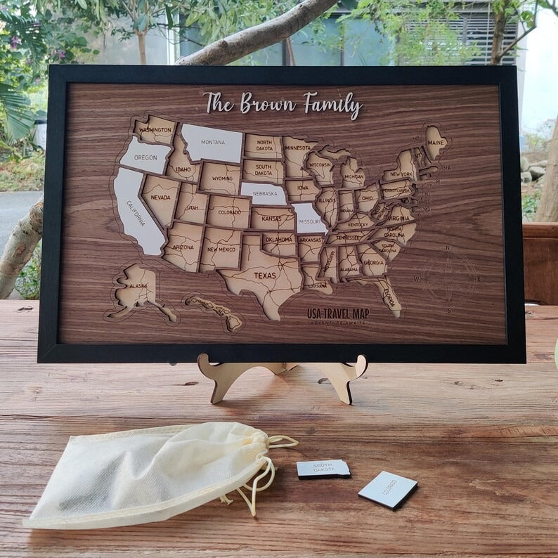 Personalized USA States Puzzle Map(Dark Walnut)