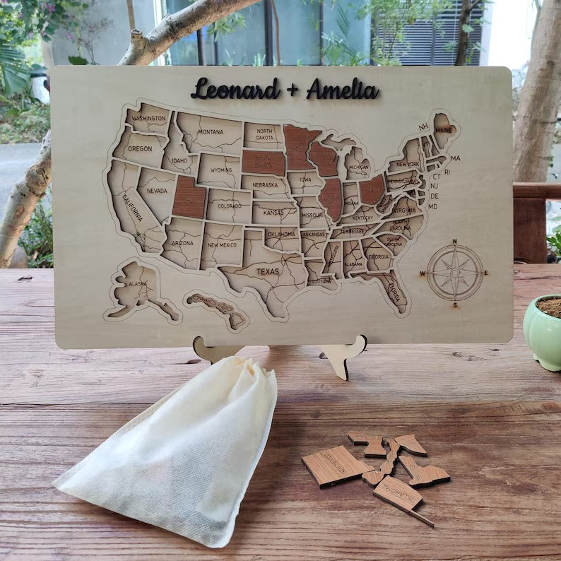 Personalized USA States Puzzle Map(Natural Wood)