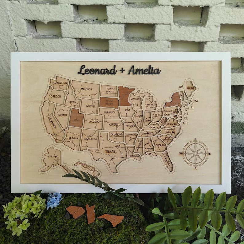Personalized USA States Puzzle Map(Natural Wood)