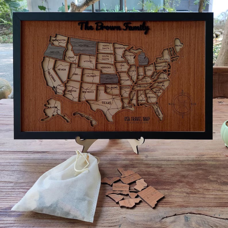 Personalized USA States Puzzle Map(Walnut)
