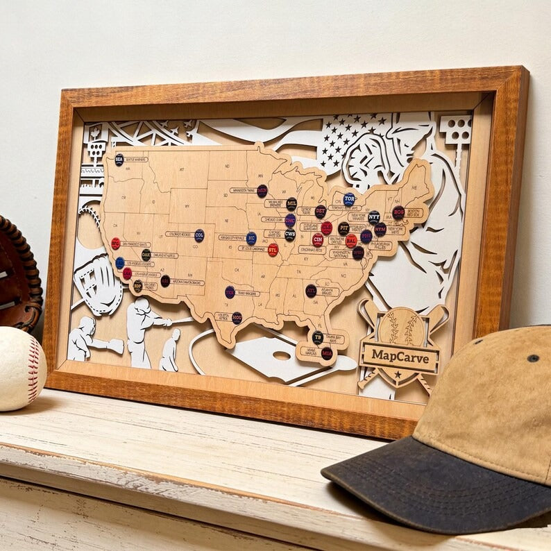 Personalized MLB Stadium Tracker Map with Team Pins