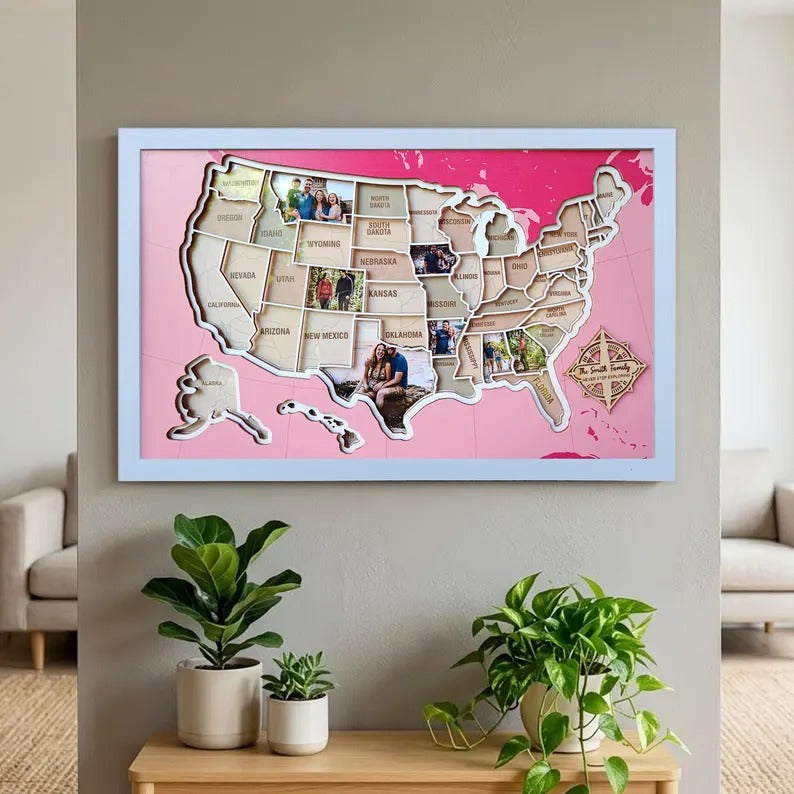 Personalized USA Photo Travel Map - Pink