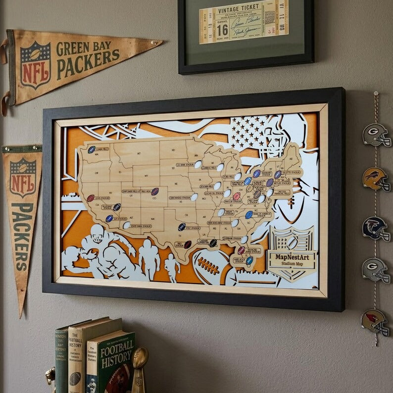 Football Stadium Map Gift for Dad | Personalized Wooden NFL Travel Tracker