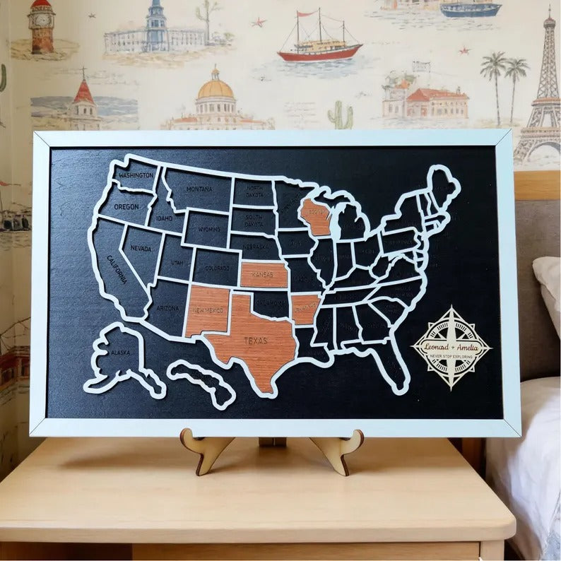 Personalized 50 States USA Travel Map - Custom Color Backboard
