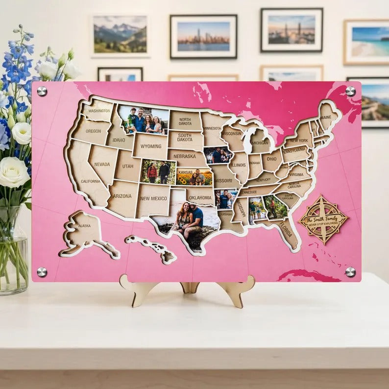 Personalized USA Photo Travel Map - Pink