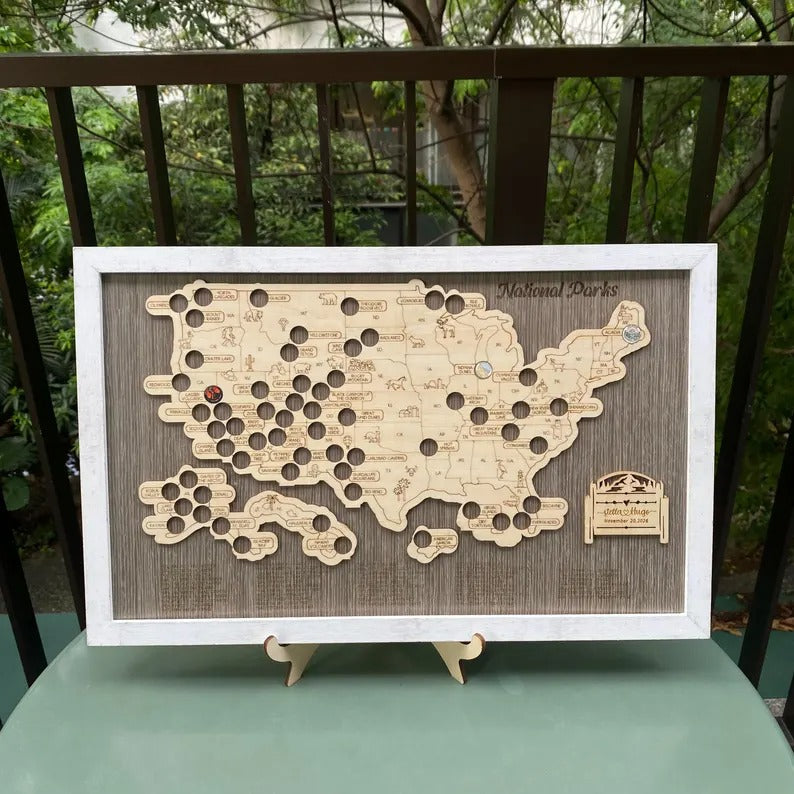 Engraved National Parks Map - Wooden USA Travel Tracker Gift