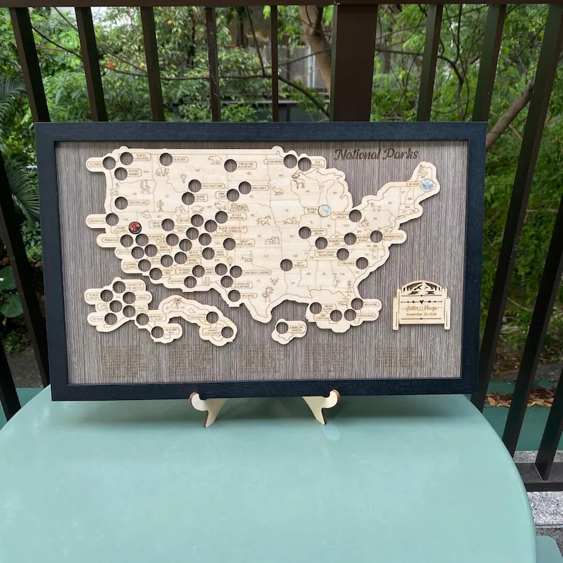 Personalized 2D National Parks Map with Nameplate(Charcoal)