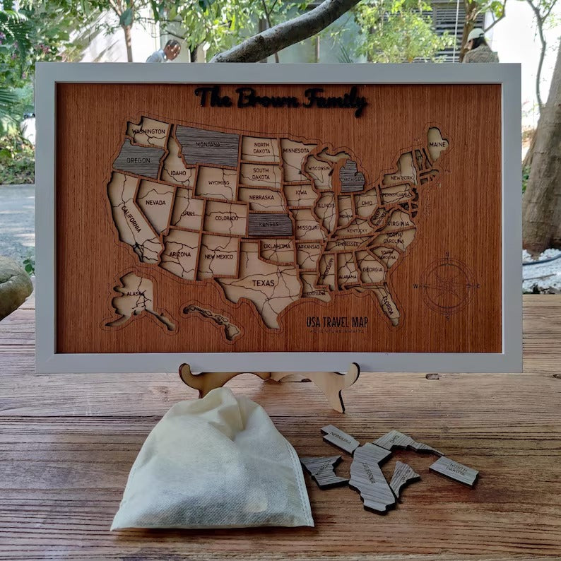 Personalized USA States Puzzle Map(Walnut)