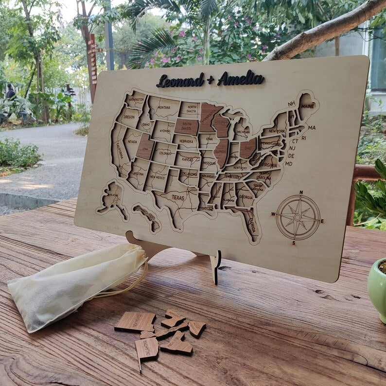 Personalized USA States Puzzle Map(Natural Wood)