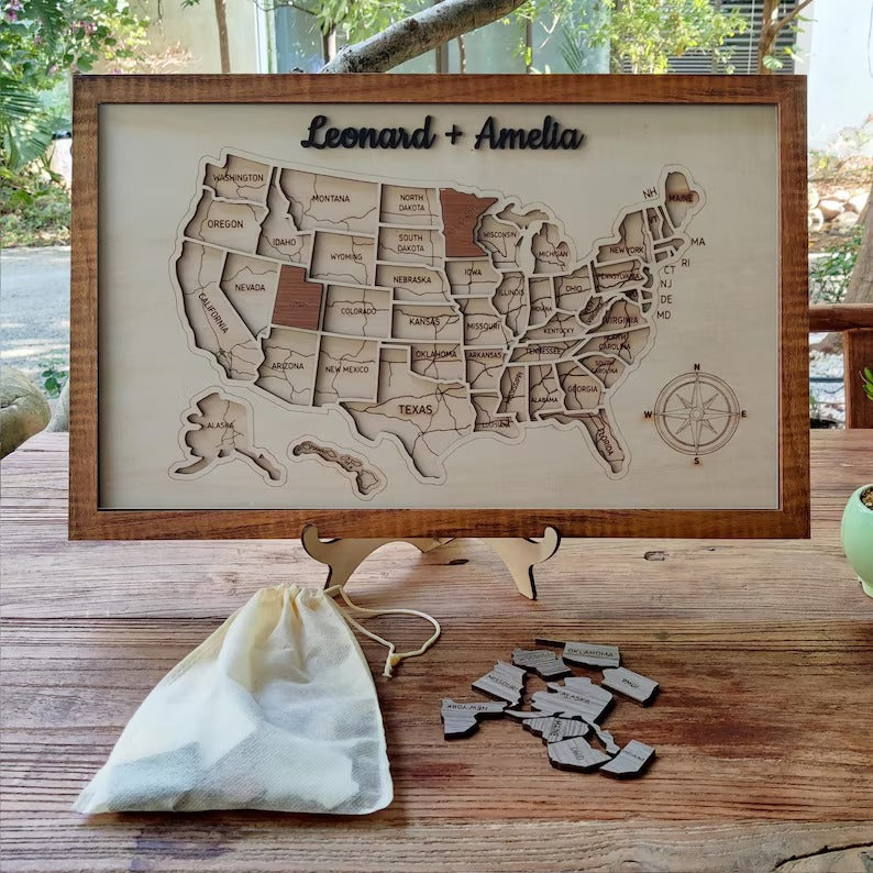 Personalized USA States Puzzle Map(Natural Wood)